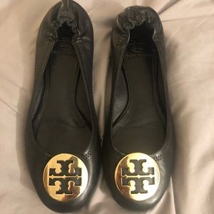 Tory Burch Reva Ballet Flat Black with Gold Logo